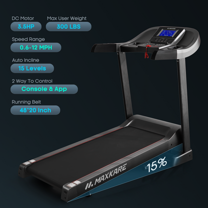 MaxKare 3.5HP Folding Treadmill with 15% Auto Incline, 12 MHP 300LB Capcity for Home Office Gym