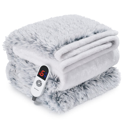 MaxKare Electric Throw Blanket 50" x 60", with 6 Heating Levels & 4 Hours Timer, Plush Faux Fur & Velvet, Gray & White