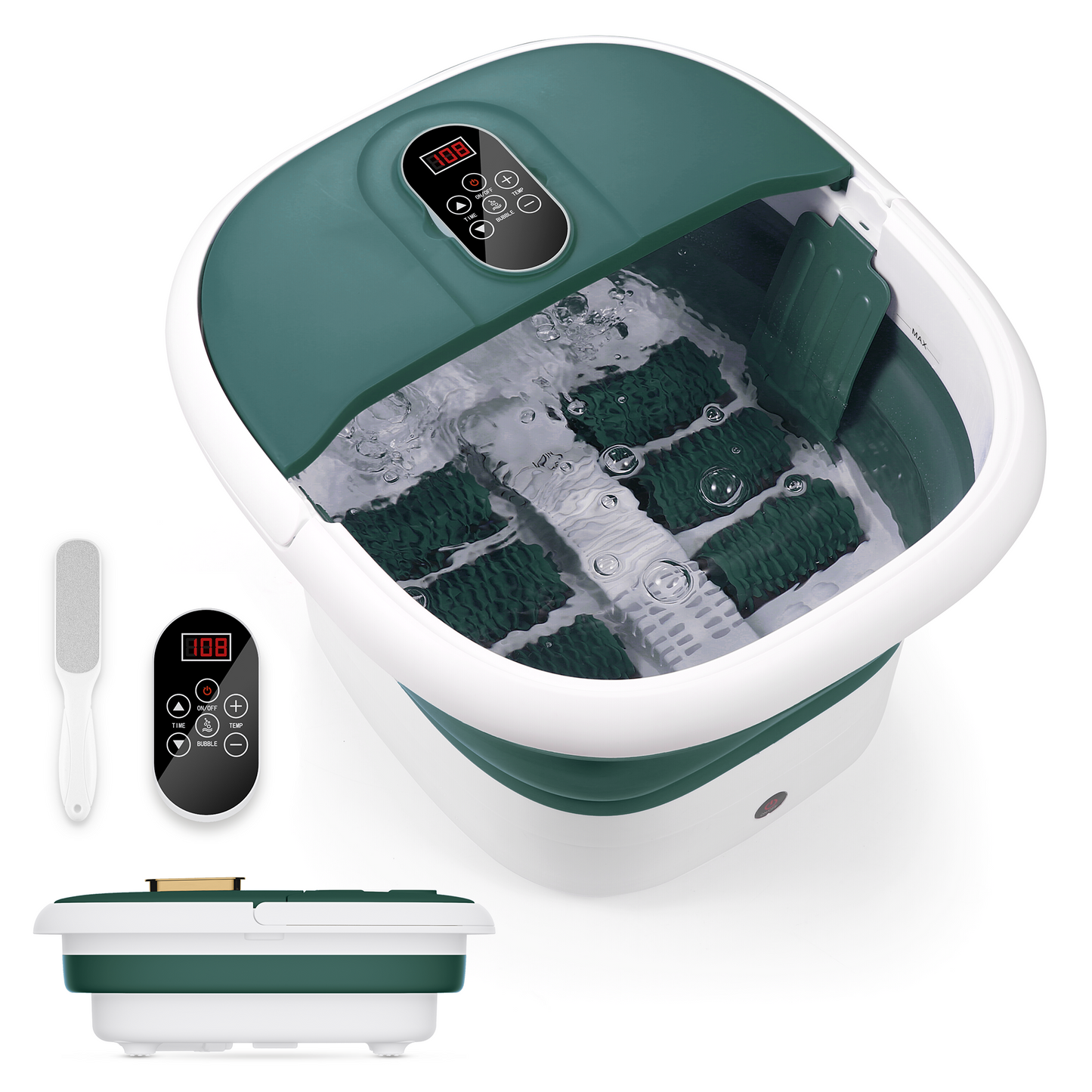 MaxKare Collapsible Foot Spa Bath Massager with Heat, Bubbles, Vibration, Digital Display Remote Control for Temperature & Time Control, Soothe and Comfort Feet-Green