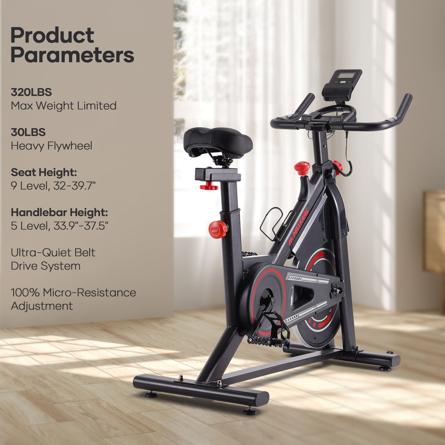 MaxKare Exercise Bike Indoor Cycling Bike Silent Magnetic Resistance 100 Levels, 30Lbs Heavy Flywheel, Max Weight 320Lbs