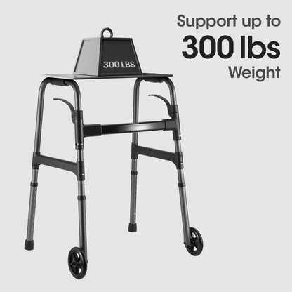 Folding Walker for Senior, Dual Wheels, 30.5"-37.5" Adjustable Heigh, 300lbs Weight Capacity, Lightweight, Gunmetal Grey