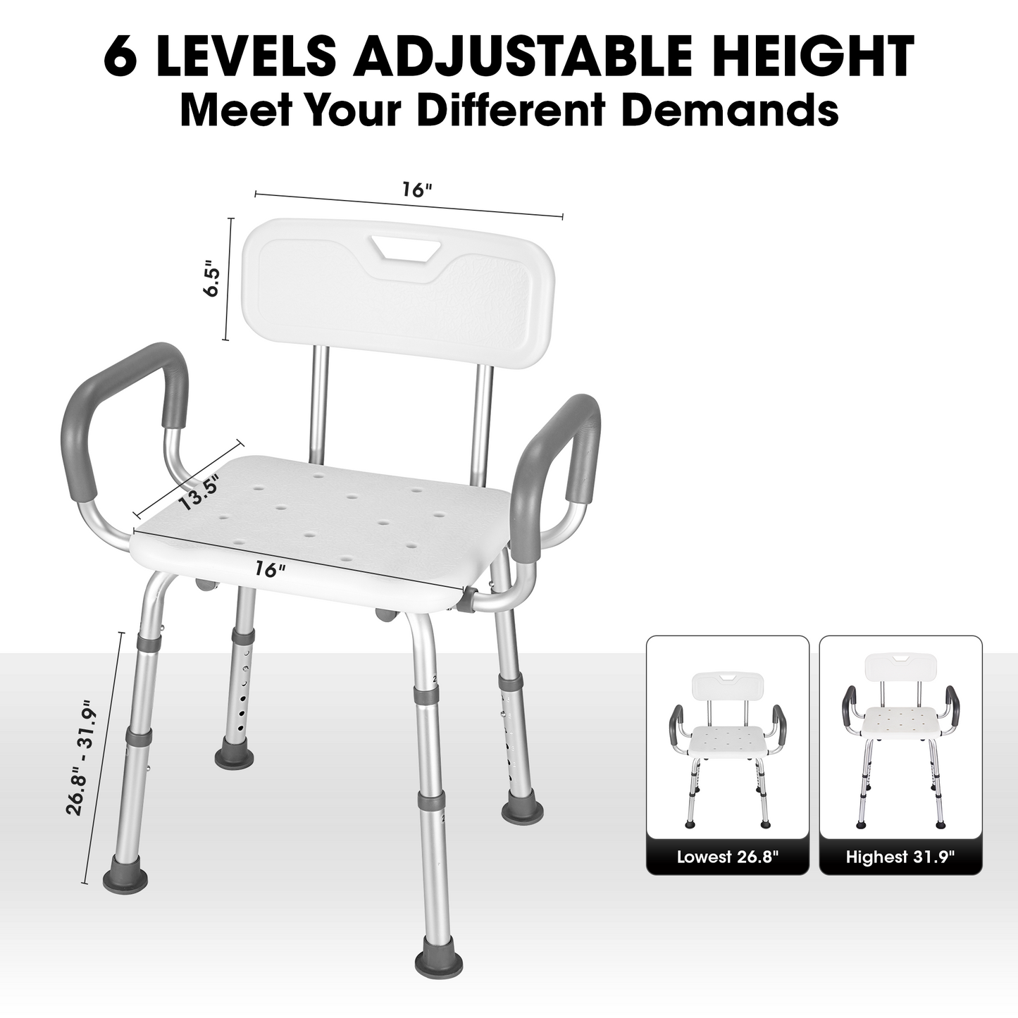 MaxKare Shower Chair with Back and Padded Armrests, Shower Stool 6 Levels Adjustable Height 26.8"-39.1", Support up to 300Lbs