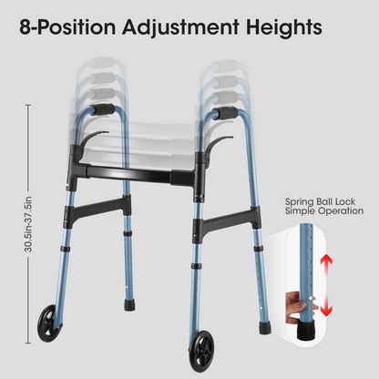 MaxKare Folding Walker with Wheels, 30.5"-37.5" Adjustable Height, 300lbs Weight Capacity, Lightweight for Senior, Blue