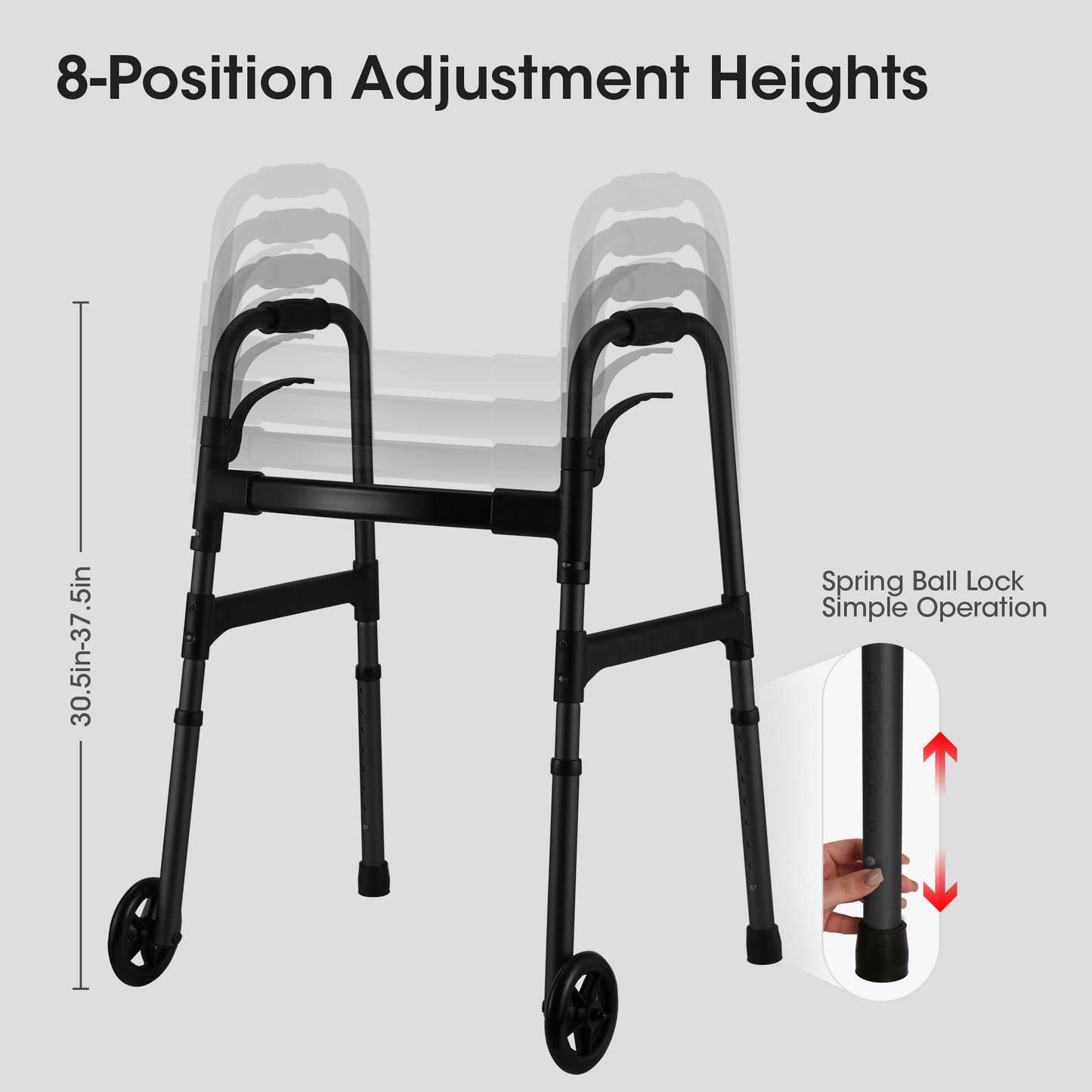 Folding Walker for Senior, Dual Wheels, 30.5"-37.5" Adjustable Heigh, 300lbs Weight Capacity, Lightweight, Black