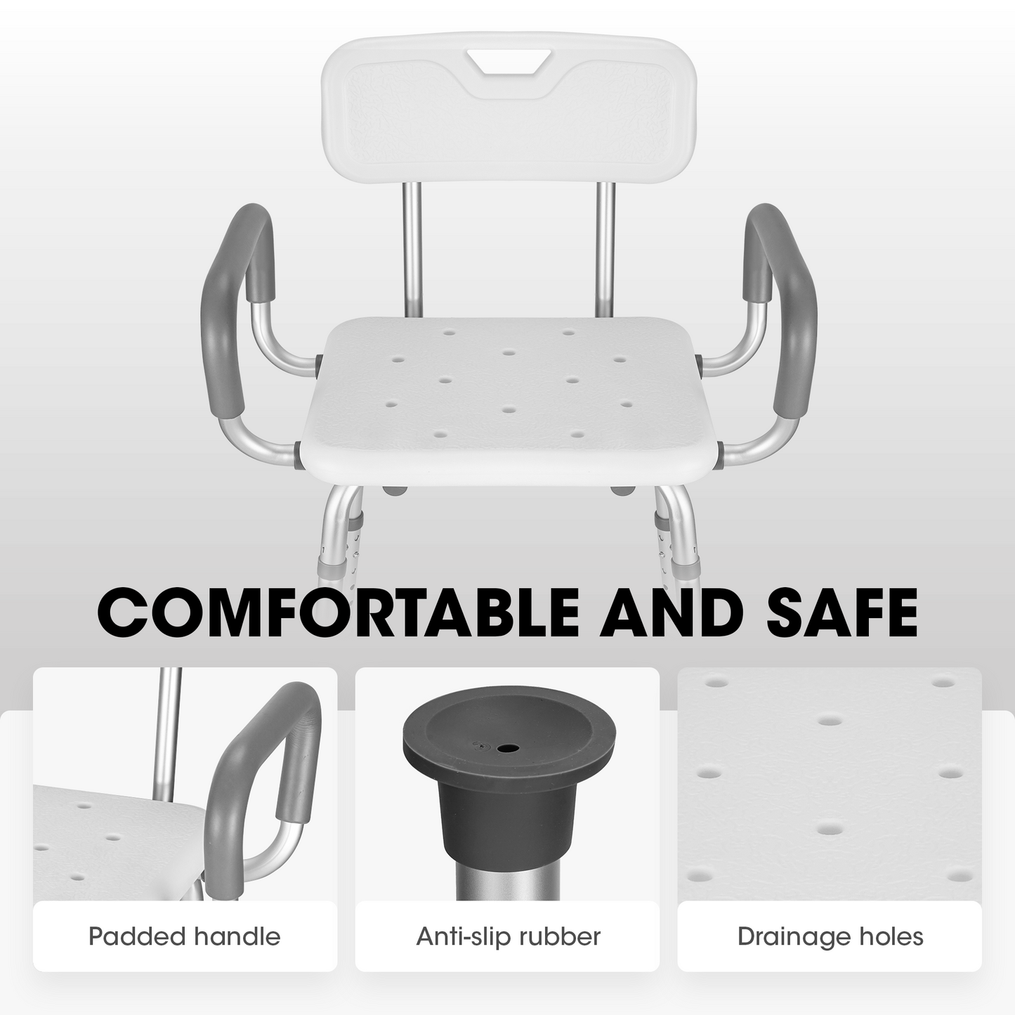 MaxKare Shower Chair with Back and Padded Armrests, Shower Stool 6 Levels Adjustable Height 26.8"-39.1", Support up to 300Lbs