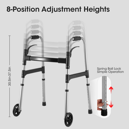 MaxKare Folding Walker with Wheels, 30.5"-37.5" Adjustable Height, 300lbs Weight Capacity, Lightweight for Senior, Silver