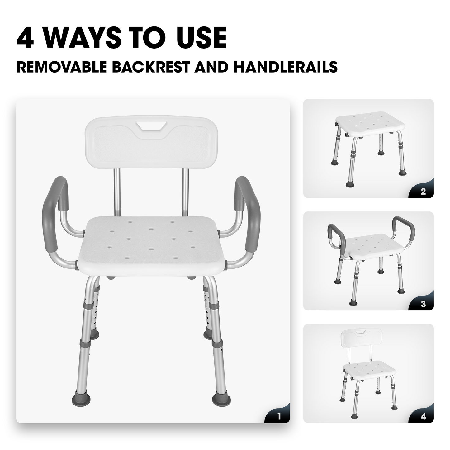 MaxKare Shower Chair with Back and Padded Armrests, Shower Stool 6 Levels Adjustable Height 26.8"-39.1", Support up to 300Lbs