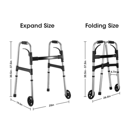 MaxKare Folding Walker with Wheels, 30.5"-37.5" Adjustable Height, 300lbs Weight Capacity, Lightweight for Senior, Silver