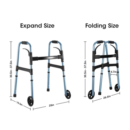 MaxKare Folding Walker with Wheels, 30.5"-37.5" Adjustable Height, 300lbs Weight Capacity, Lightweight for Senior, Blue