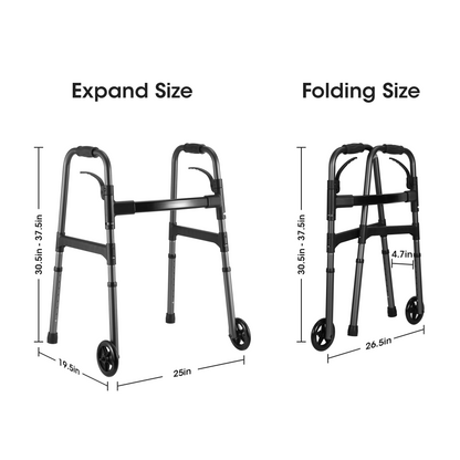 Folding Walker for Senior, Dual Wheels, 30.5"-37.5" Adjustable Heigh, 300lbs Weight Capacity, Lightweight, Gunmetal Grey