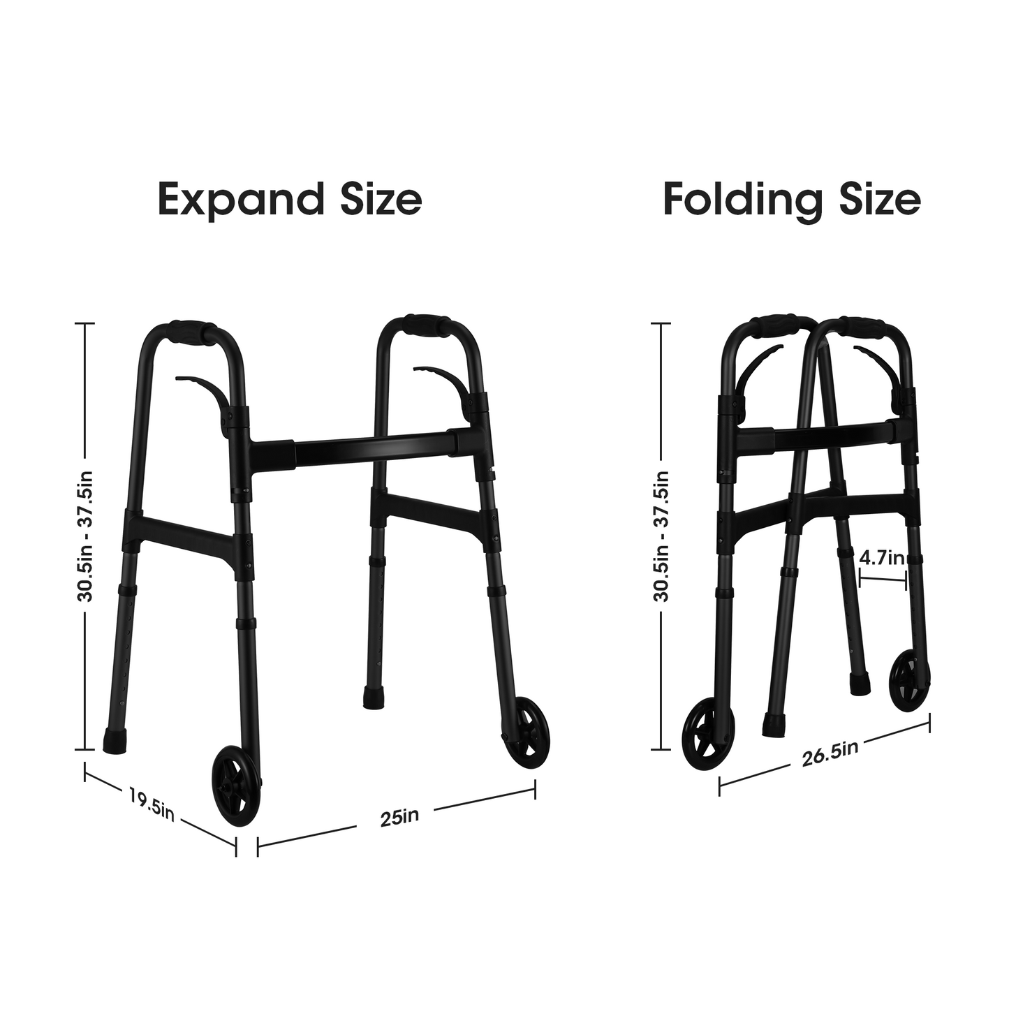 Folding Walker for Senior, Dual Wheels, 30.5"-37.5" Adjustable Heigh, 300lbs Weight Capacity, Lightweight, Black