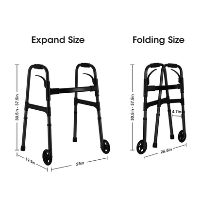 Folding Walker for Senior, Dual Wheels, 30.5"-37.5" Adjustable Heigh, 300lbs Weight Capacity, Lightweight, Black