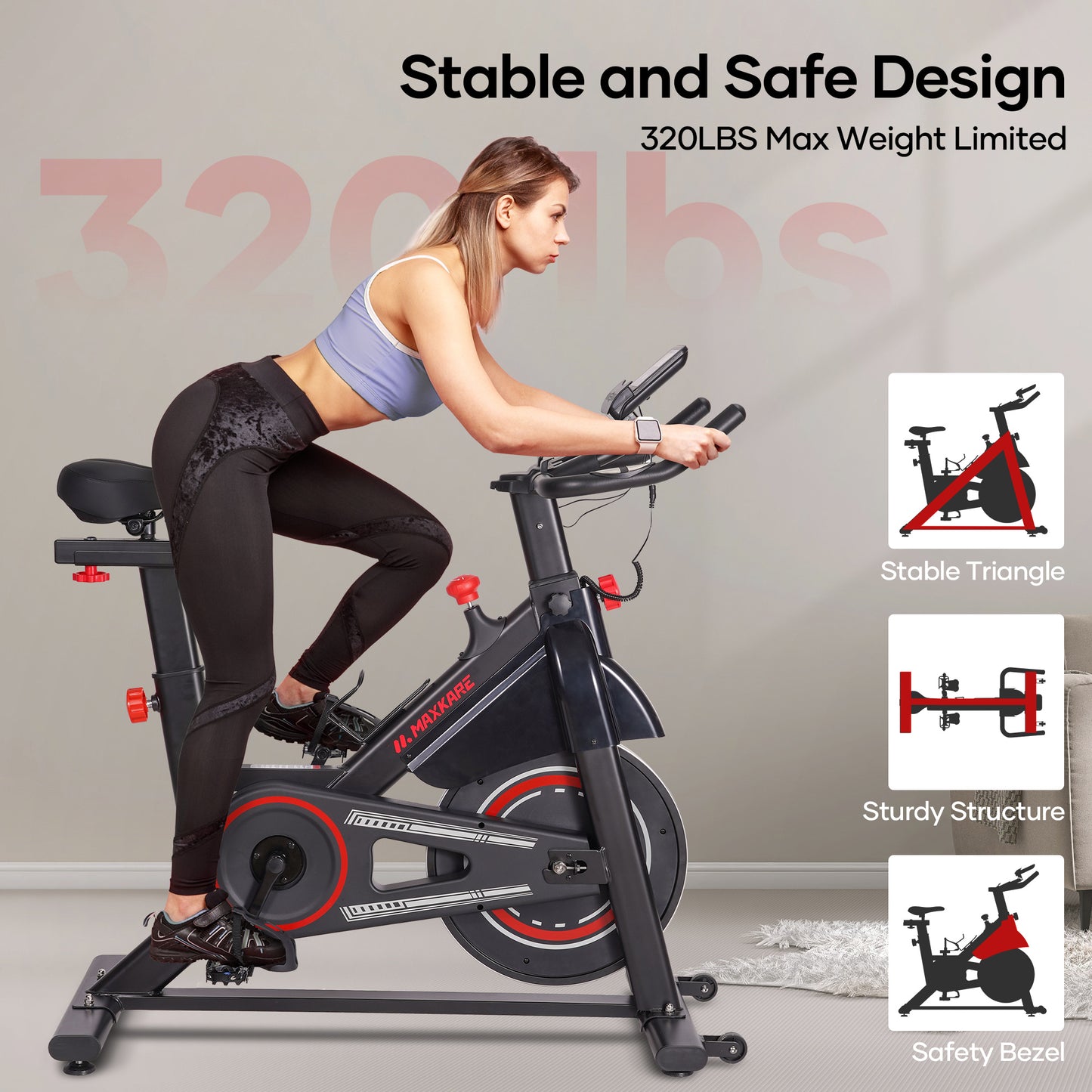 MaxKare Exercise Bike Indoor Cycling Bike Silent Magnetic Resistance 100 Levels, 30Lbs Heavy Flywheel, Max Weight 320Lbs