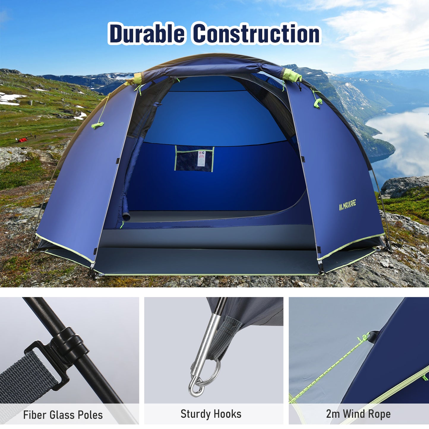 Maxkare 3/4 Person Camping Tent with Extra Large Vestibule, 2 Large Ventilated Windows, 2000mm Waterproof Family Tent for Outdoor Camping & Hiking