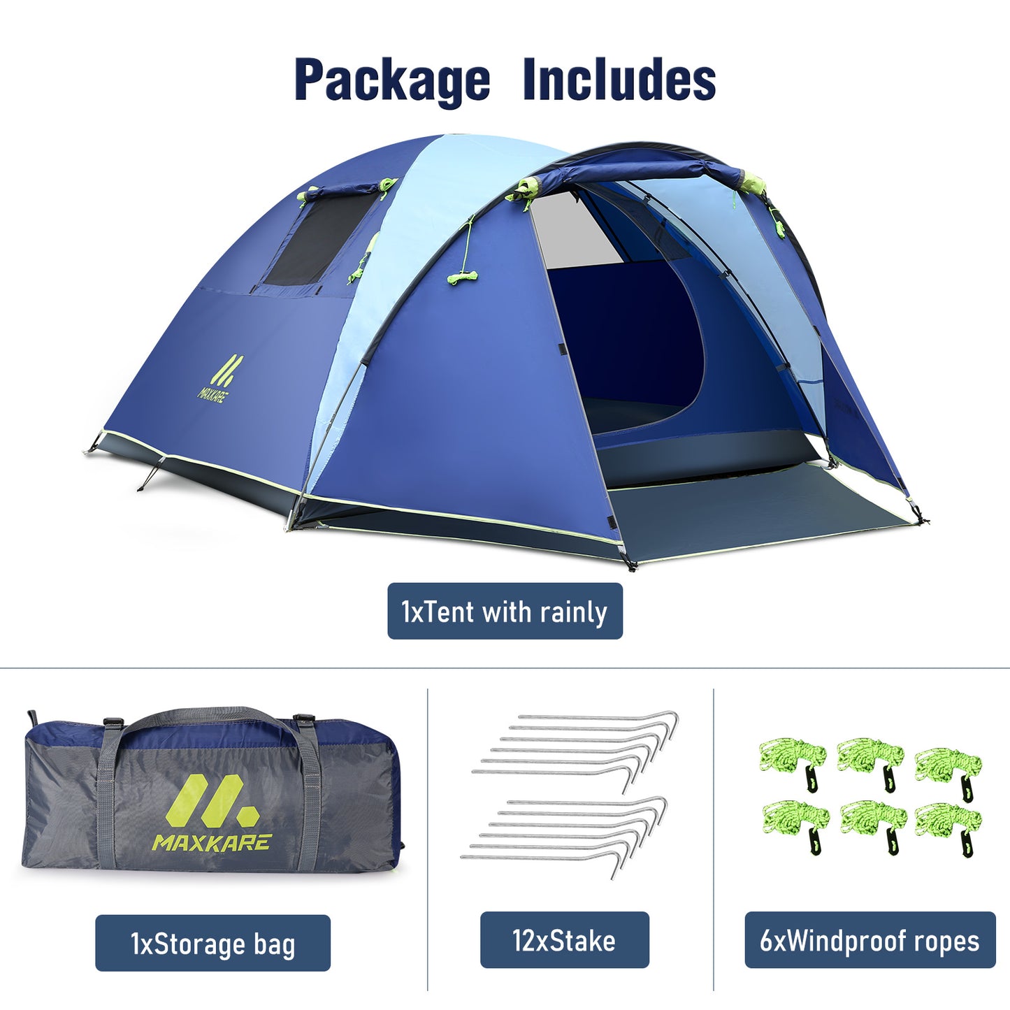 Maxkare 3/4 Person Camping Tent with Extra Large Vestibule, 2 Large Ventilated Windows, 2000mm Waterproof Family Tent for Outdoor Camping & Hiking