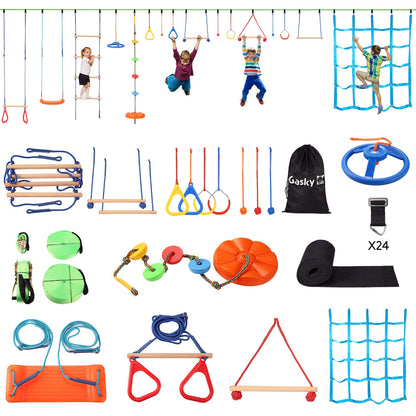 Ninja Warrior 16 Obstacles Course Kit for Kids-55ft Slackline Kit Backyard Outside - Slackline Capacity 1320lbs-with Adjustable Buckles Tree Protectors Carry Bag-Double Line Design