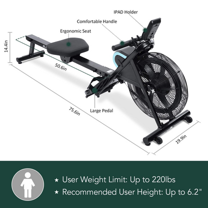 MaxKare Rowing Machine Foldable Rower for Home Use Air Resistance Adjustable with LCD Monitor & Pad Holder for Losing Weight and Increasing Strength Training Exercise at Home