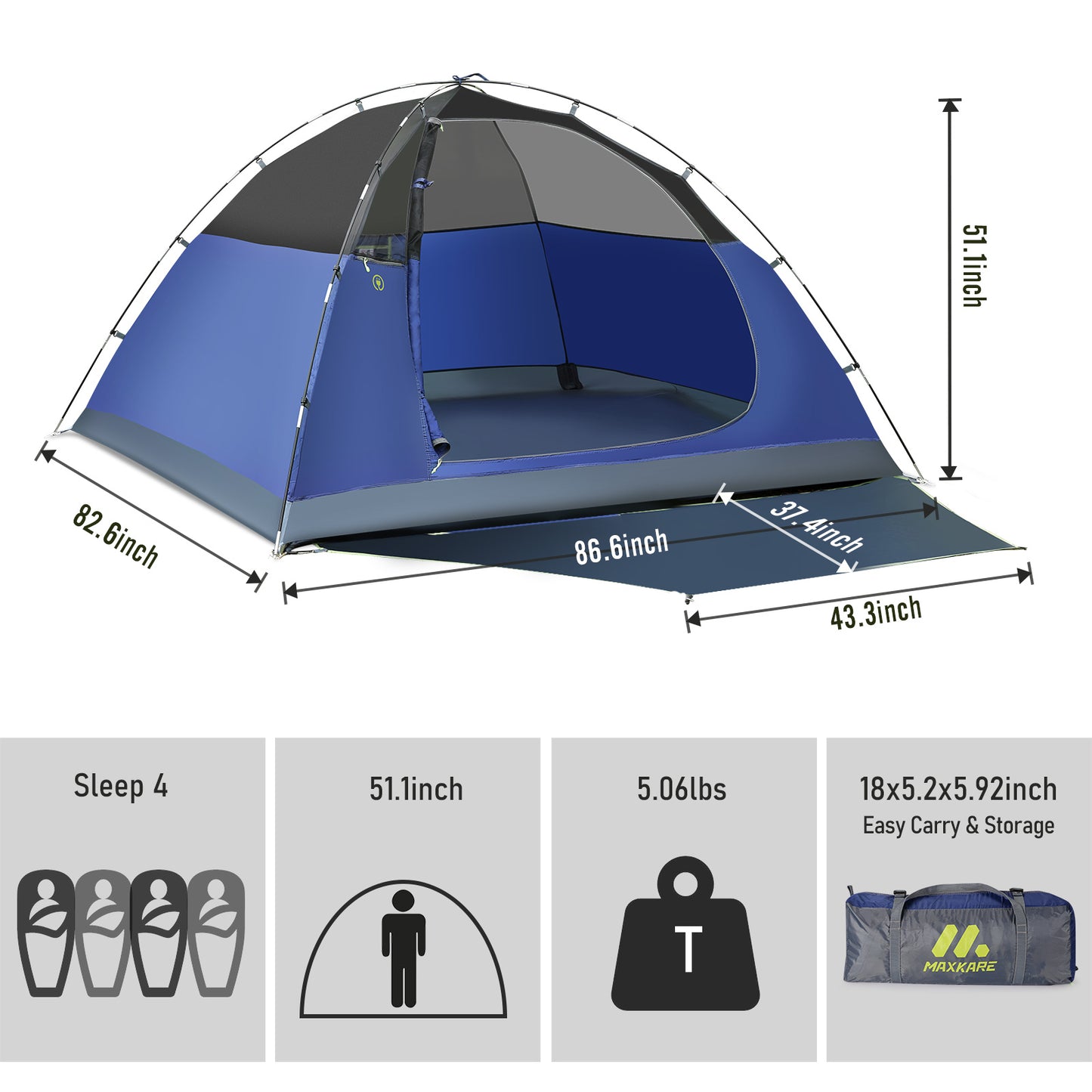 Maxkare 3/4 Person Camping Tent with Extra Large Vestibule, 2 Large Ventilated Windows, 2000mm Waterproof Family Tent for Outdoor Camping & Hiking