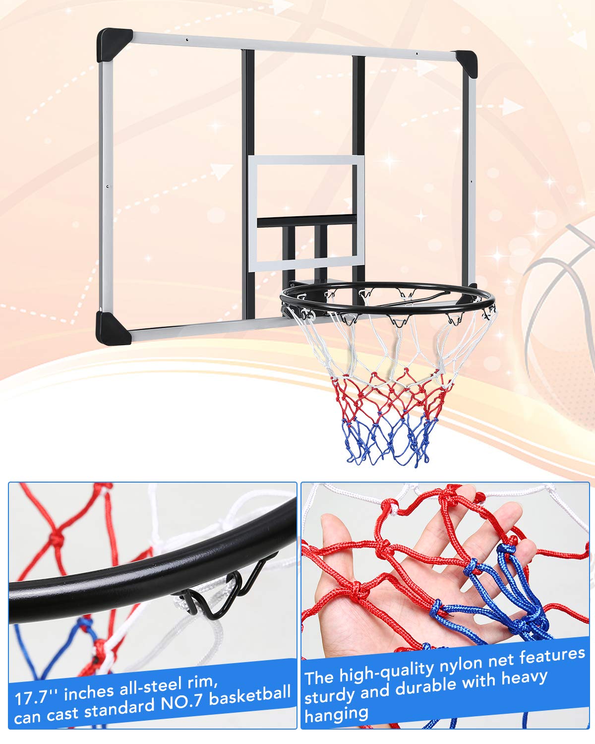 MaxKare 44 In. Basketball Backboard with Wall-Mount Hoops and Goals Rim Combo Kit and Shatterproof Polycarbonate Board and All-Steel Rustproof Frame and for Standard No.7 Balls