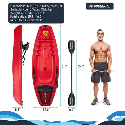 MaxKare Youth Kids Kayak with Paddle 6ft Fishing Kayak, Red 121 lbs Capacity, 6'1''L x 24.6''W x8.8''H