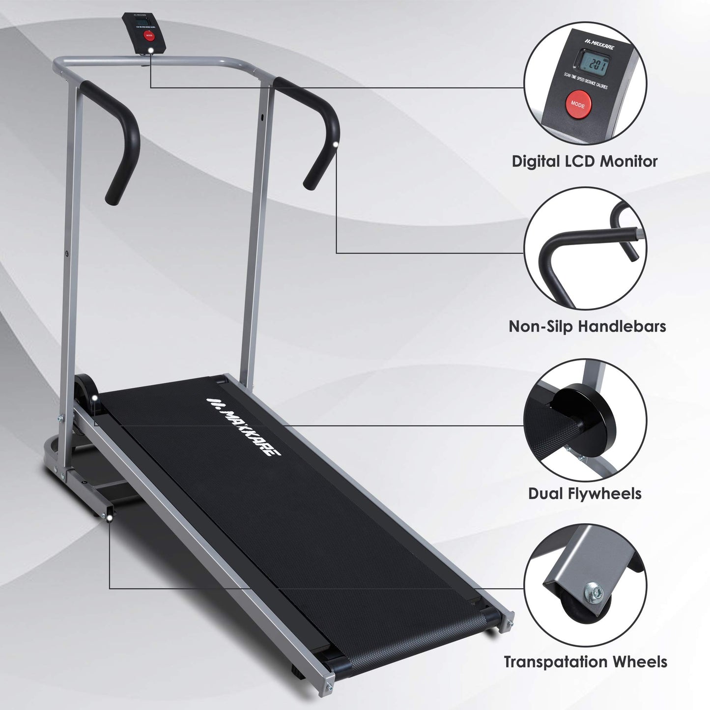 MaxKare Manual Walking Treadmill with LCD Monitor & Portable Wheels Lightweight Mechanical Treadmill for Small Space at Home