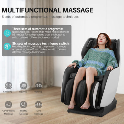 Naipo Full Body Massage Chair Recliner with Built-in Heat, Zero Gravity Massage Recliner, Airbag Massage, Bluetooth Speakers, White&Black