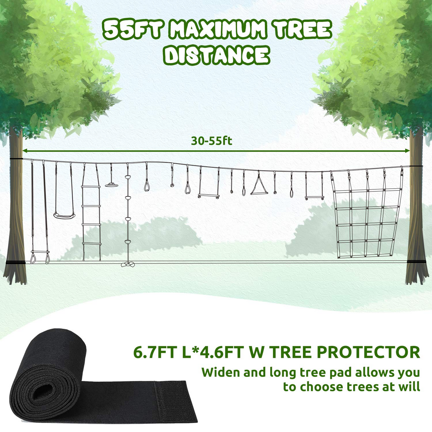 Ninja Warrior 16 Obstacles Course Kit for Kids-55ft Slackline Kit Backyard Outside - Slackline Capacity 1320lbs-with Adjustable Buckles Tree Protectors Carry Bag-Double Line Design