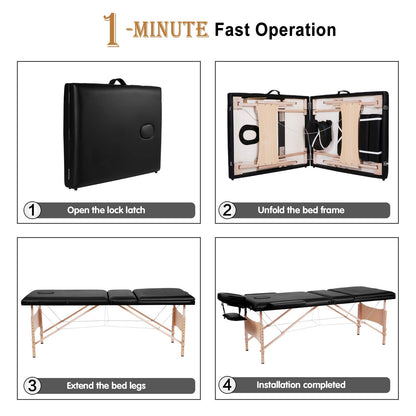 MaxKare 3 Folding Massage Table 84" Massage Bed Lash Bed Professional Facial Bed SPA Bed Treatment Table Height Adjustable with Carrying Bag, Black