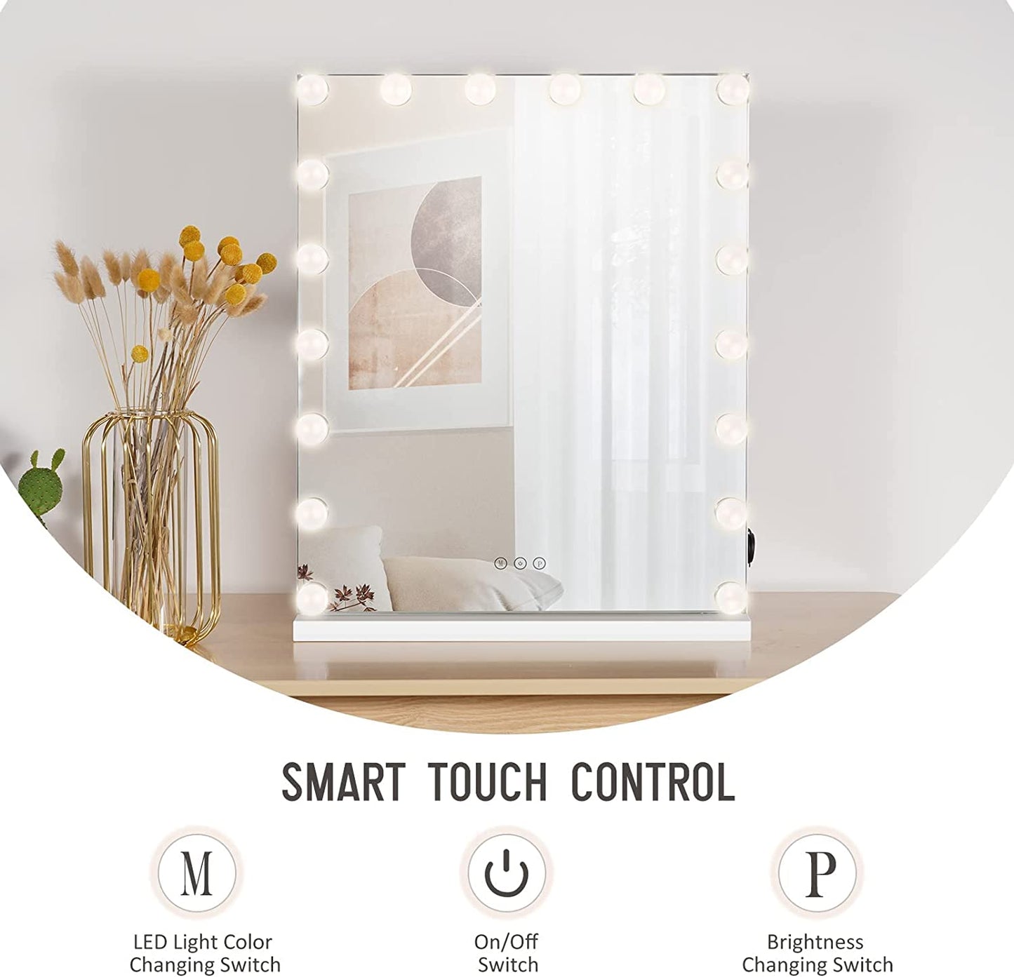 Large Hollywood Lighted Makeup Mirror with 18 Dimmable LED Bulbs, USB Charging Port, L23 X W19 Inch Smart Touch Control