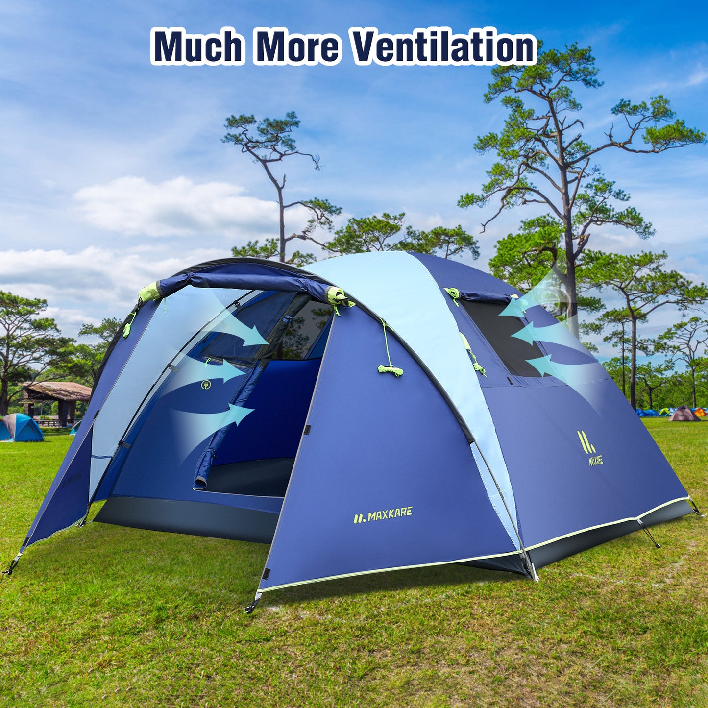 Maxkare 3/4 Person Camping Tent with Extra Large Vestibule, 2 Large Ventilated Windows, 2000mm Waterproof Family Tent for Outdoor Camping & Hiking