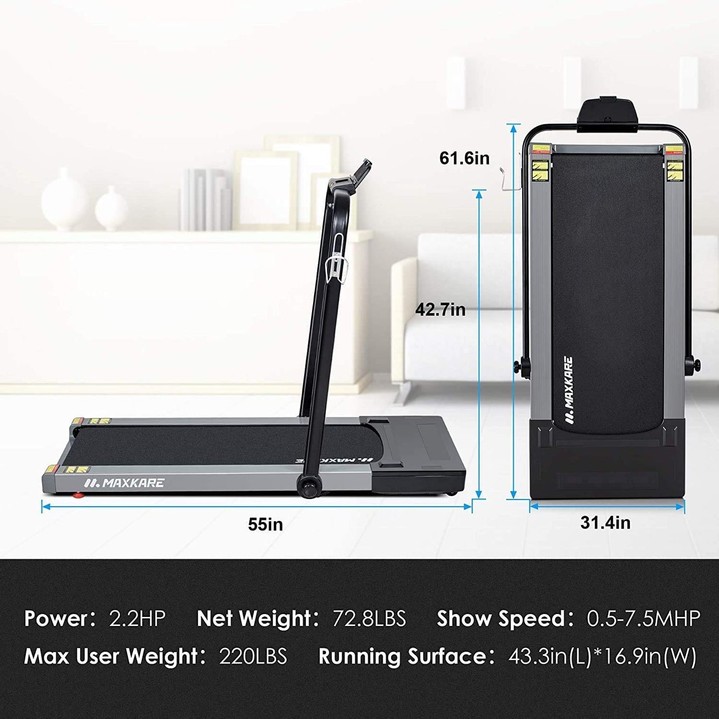 MaxKare Folding Electric Treadmill, 2 In 1 Walking Running Machine with Remote Control Flat Under Desk Treadmill For Gifts