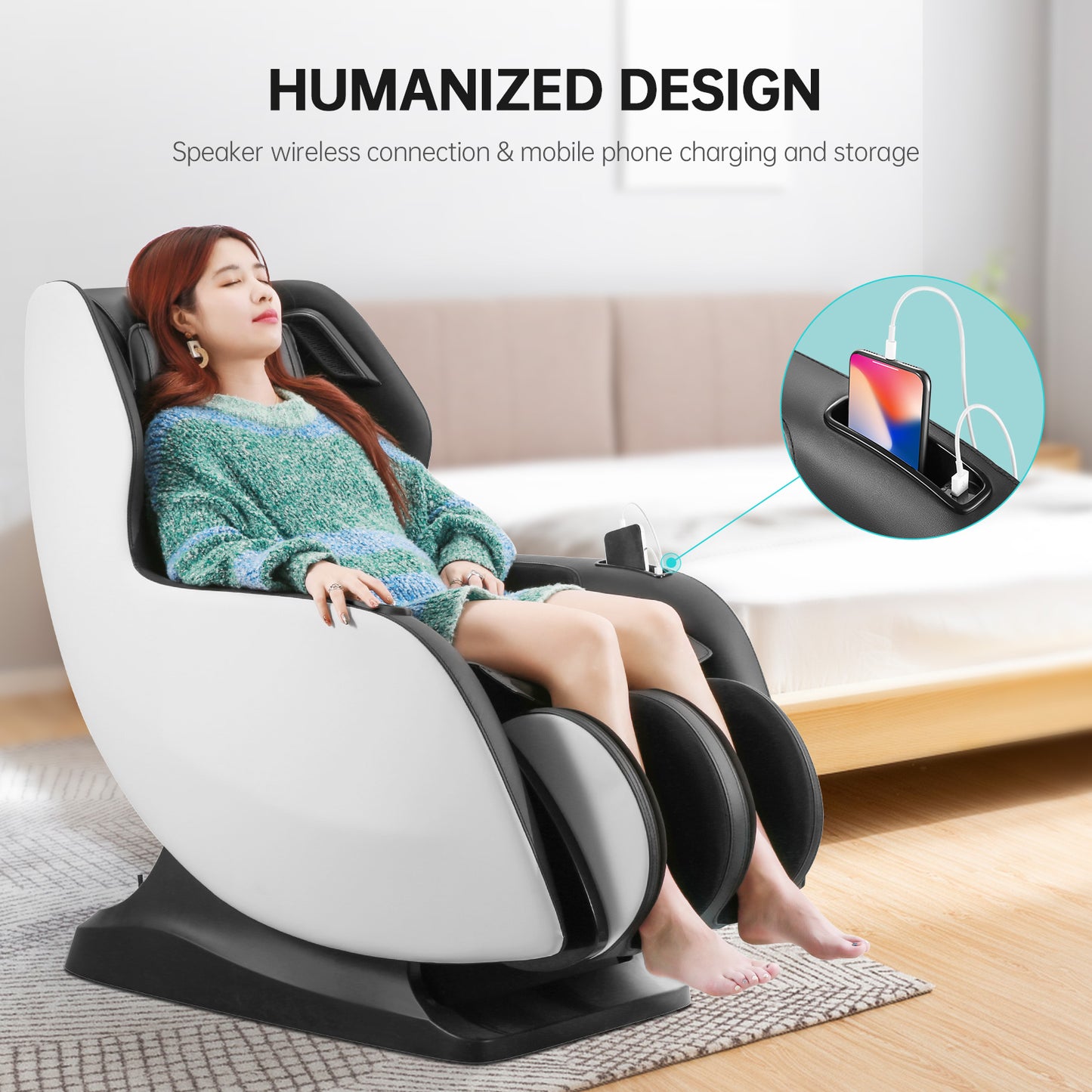 Naipo Full Body Massage Chair Recliner with Built-in Heat, Zero Gravity Massage Recliner, Airbag Massage, Bluetooth Speakers, White&Black