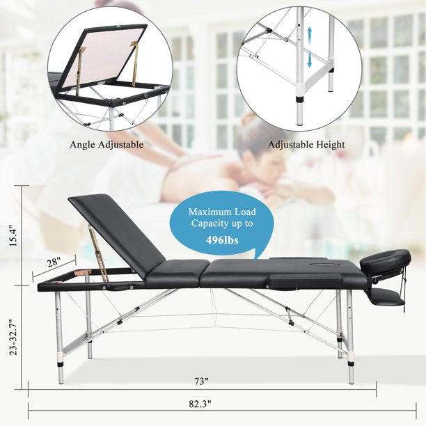 Maxkare Folding Massage Table Aluminum 3 Section Portable Massage Bed 9 Height Adjustable with Headrest, Armrest, and Hand Pallet, 496lbs Capacity