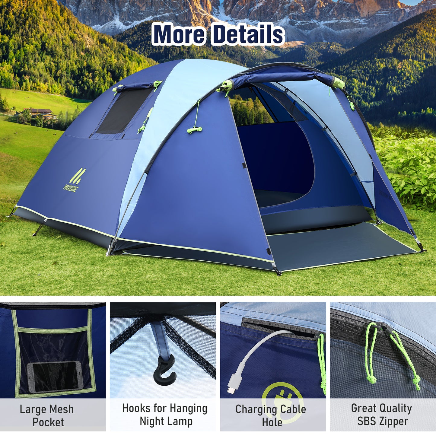 Maxkare 3/4 Person Camping Tent with Extra Large Vestibule, 2 Large Ventilated Windows, 2000mm Waterproof Family Tent for Outdoor Camping & Hiking