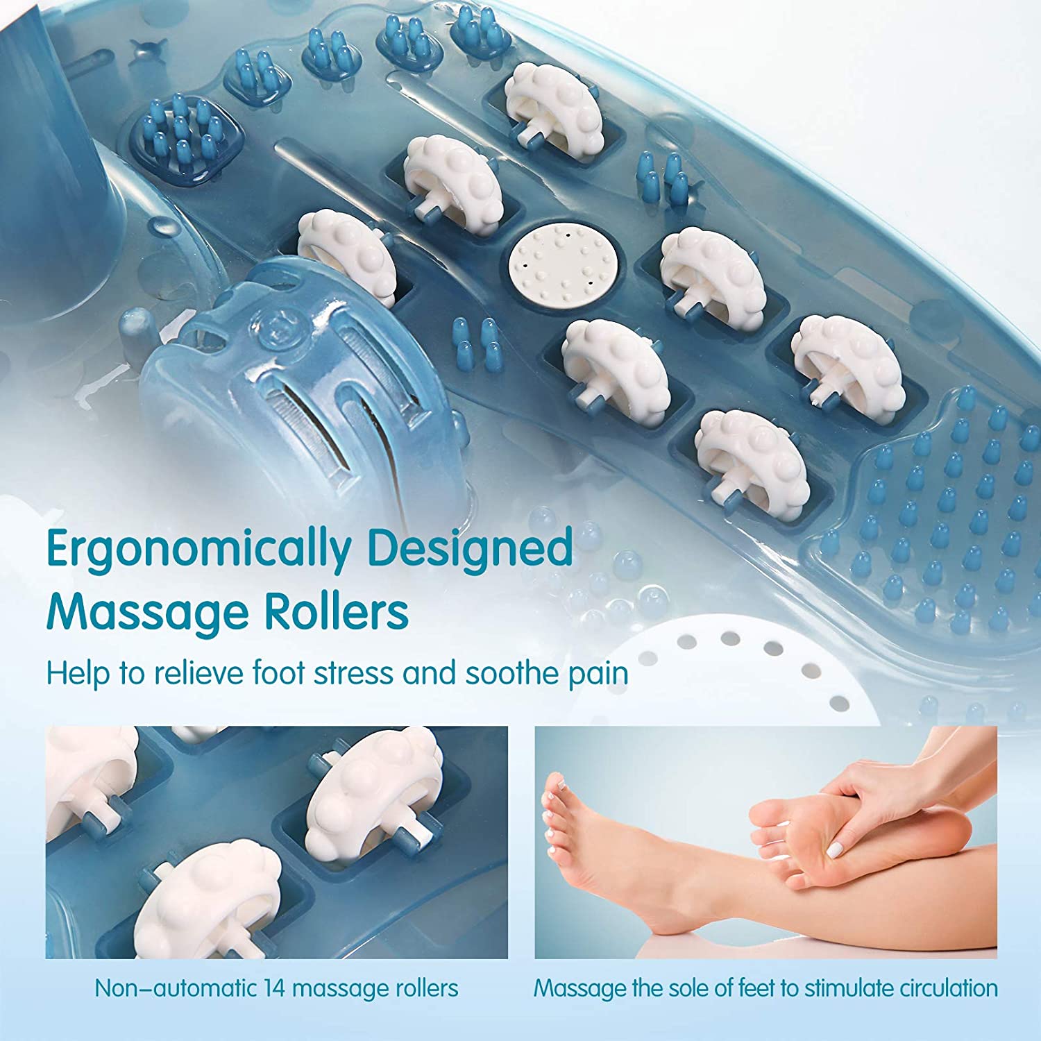 Foot Spa Tub with Bubbles and Electric Massage Rollers for Home Use - Blue