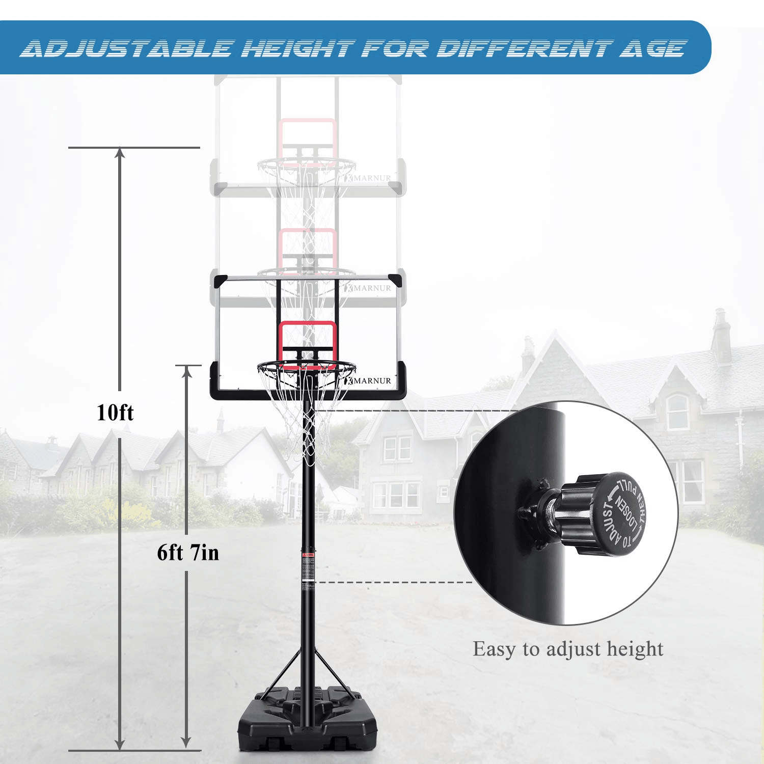 MARNUR Basketball Hoop Basketball System Portable Basketball Goal Basketball Equipment with Adjustable Height with Big Backboard & Wheels and Large Base for Youth and Adults Family Indoor Outdoor - NAIPO