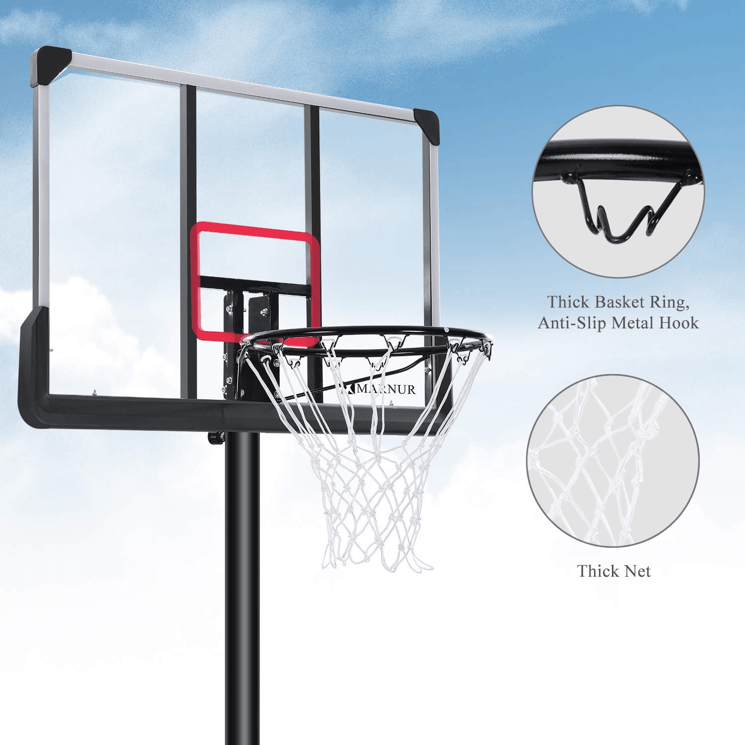 MARNUR Basketball Hoop Basketball System Portable Basketball Goal Basketball Equipment with Adjustable Height with Big Backboard & Wheels and Large Base for Youth and Adults Family Indoor Outdoor - NAIPO