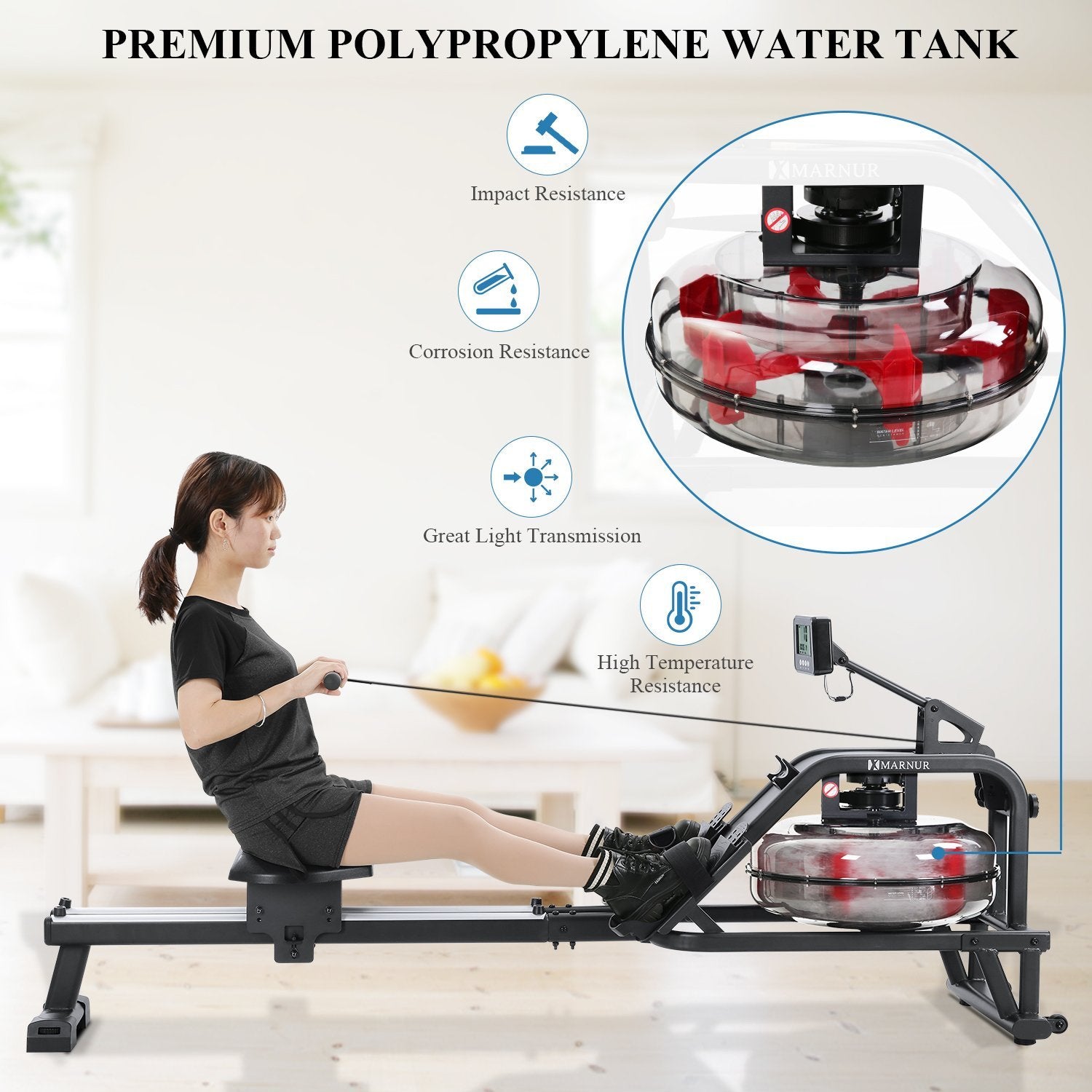 Marnur Water Rowing Machine for Home Use, Portable Double Track Water Resistance - NAIPO