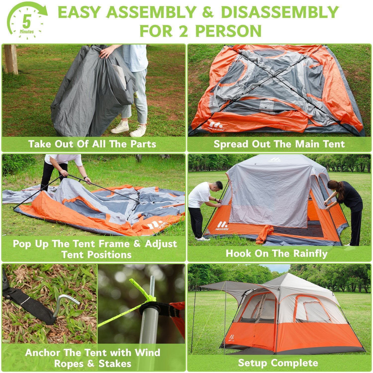 MaxKare Instant Setup Cabin Tent, Camping Tent for 6-8 person w. Water-Resistant Rainfly, 60 Seconds Instant Setup Poles, Stakes, Floor Mat - 10*10*7ft - NAIPO