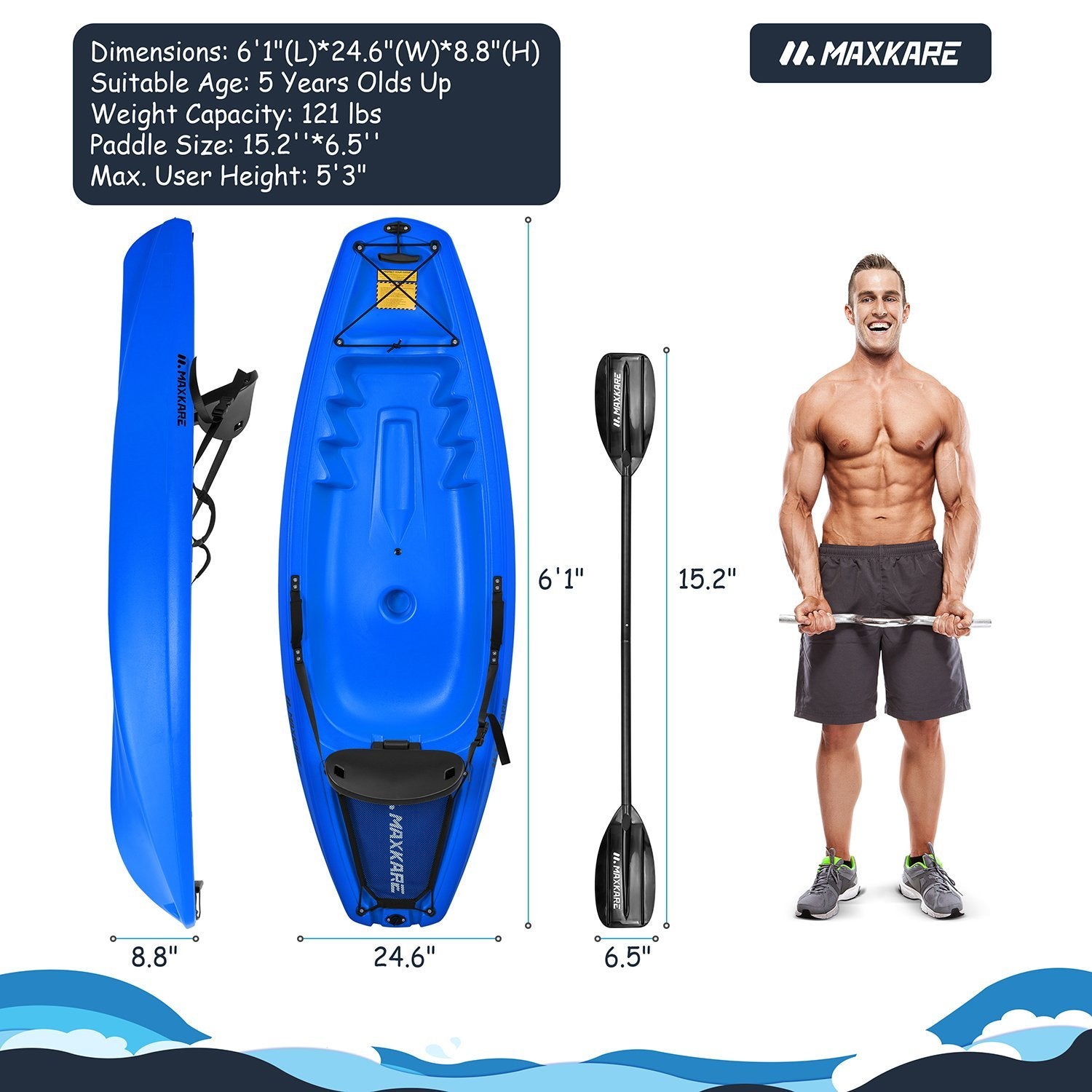 MaxKare Kids Kayak with Paddle & Seat Youth Kayak Sit-On-Top Kayak Foldable 6ft Kayak with Cup Holders Front & Rear Storage Hatches for Ages Years 5 and Up Capacity 121 lbs Blue - NAIPO