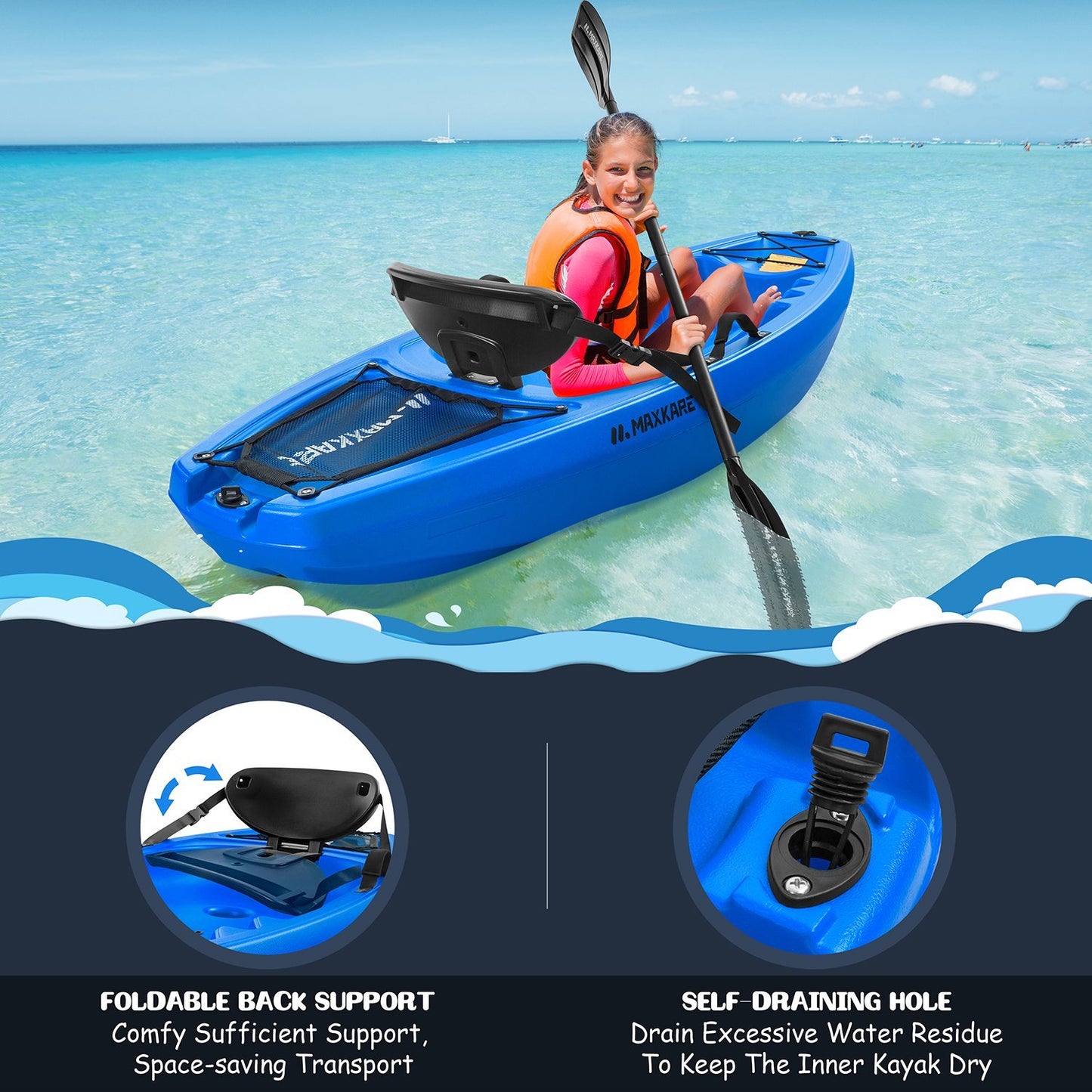 MaxKare Kids Kayak with Paddle & Seat Youth Kayak Sit-On-Top Kayak Foldable 6ft Kayak with Cup Holders Front & Rear Storage Hatches for Ages Years 5 and Up Capacity 121 lbs Blue - NAIPO