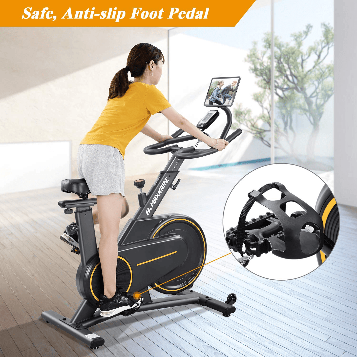 MaxKare Magnetic Cycling Bike, Multi-function Handle Stationary Bike with Independent Tablet Holder and LCD Monitor - NAIPO