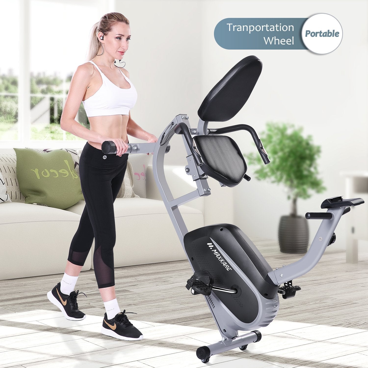 MaxKare Recumbent Exercise Bike Indoor Cycling Stationary Bike with Adjustable Seat and Resistance, Pulse Monitor/Phone Holder (Seat Height Adjustment by Lever) - NAIPO