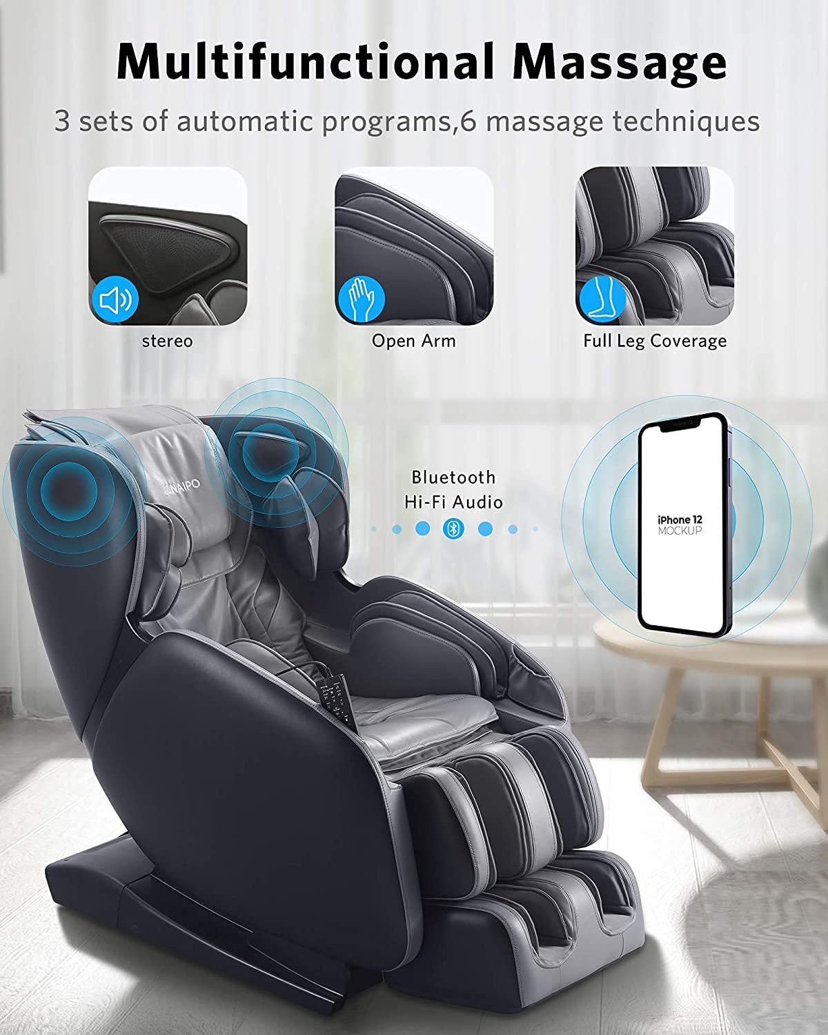 Naipo Massage Chair Recliner Zero Gravity Shiatsu Kneading Full Body Back Foot Roller Massager with Heat, SL Track Yoga Stretch Bluetooth Audio for Home and Office - NAIPO